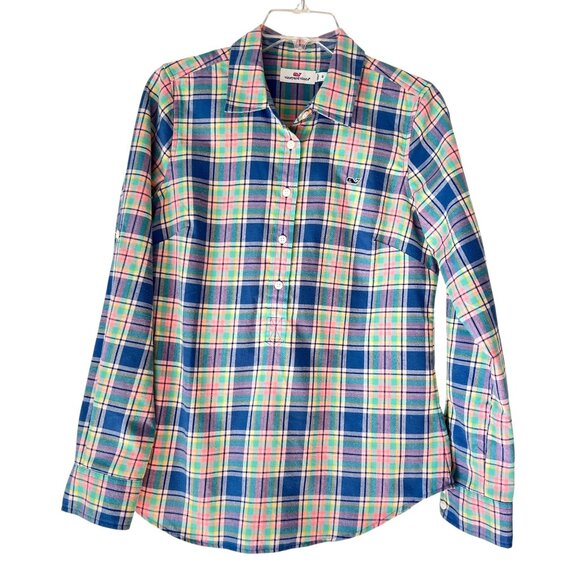 Vineyard Vines Shirt Womens Plaid Adj Long Sleeve Sz 8 Tunic Preppy Logo - Picture 1 of 13